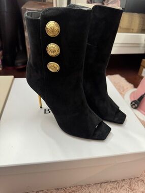 Balmain Black Suede Peep-Toe Ankle Boots with Gold Buttons